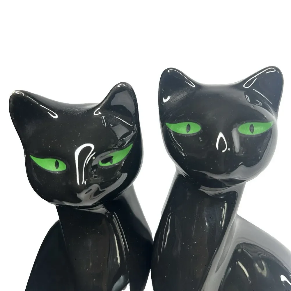 VTG Artmark Fine Ceramic Midnight Shadows Pair of Black Cats Green Eyes 12.5 in - Picture 10 of 12